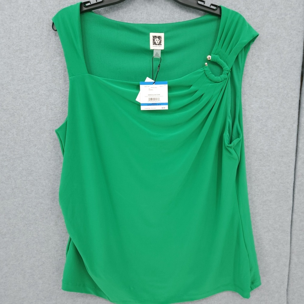 Anne Klein Asymmetrical Hardware Cap Sleeve Square Neck Green Top Womens Size XL